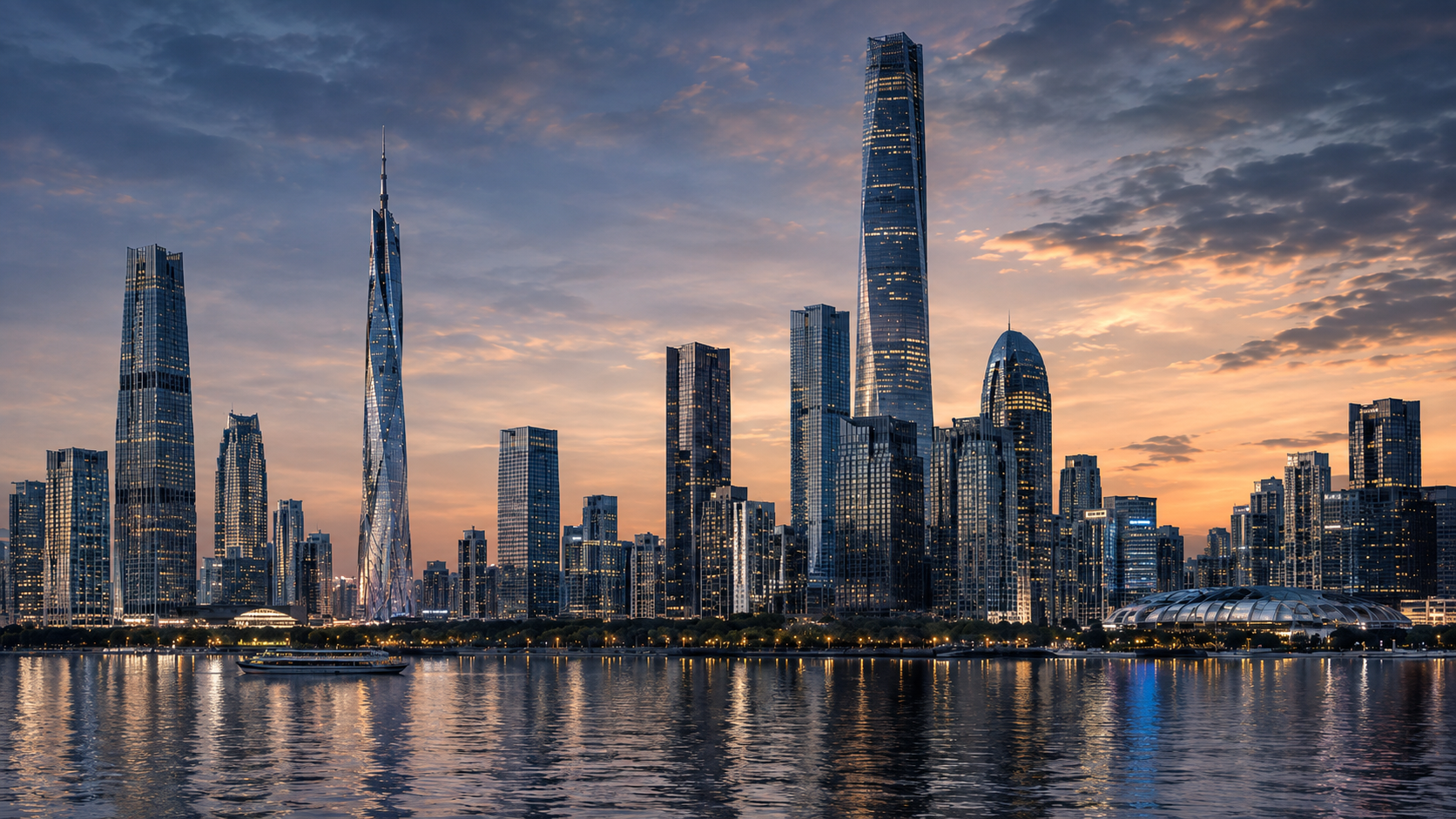 City skyline at dusk